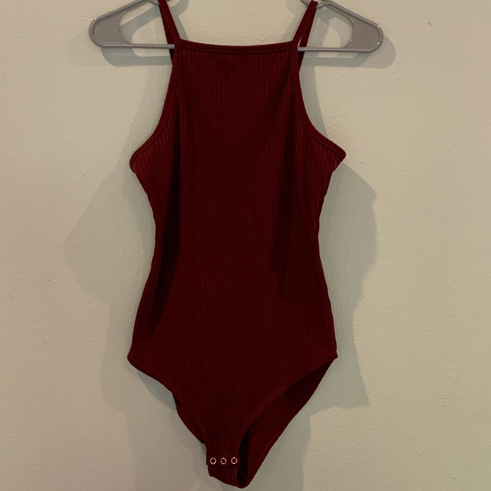 Maroon Halter Neck Ribbed Bodysuit